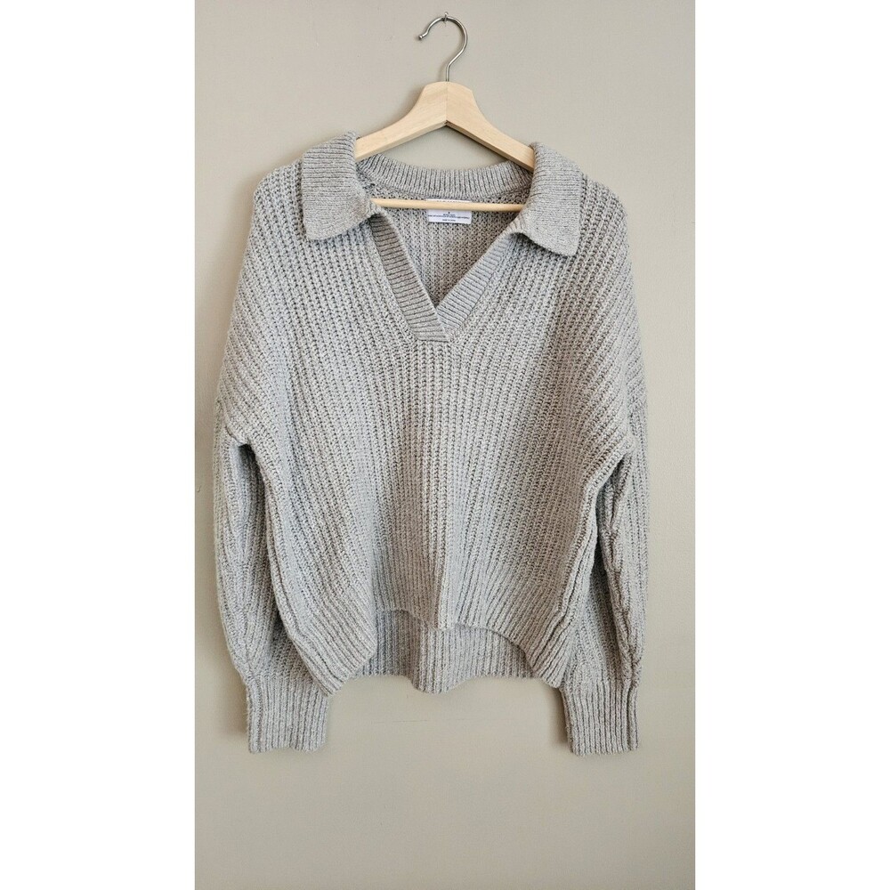 Old Navy Womens Small Grey Collared V-Neck Sweater Chunky Ribbed Knit Long Sleev